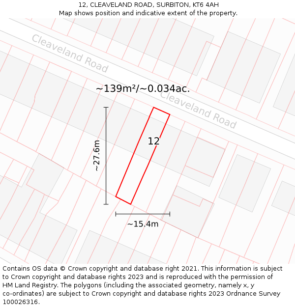 12, CLEAVELAND ROAD, SURBITON, KT6 4AH: Plot and title map