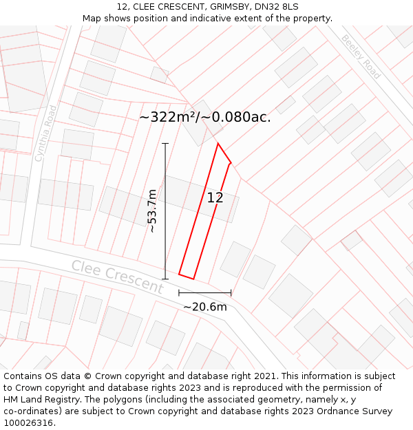12, CLEE CRESCENT, GRIMSBY, DN32 8LS: Plot and title map
