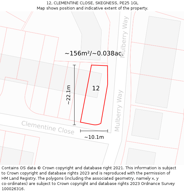 12, CLEMENTINE CLOSE, SKEGNESS, PE25 1GL: Plot and title map