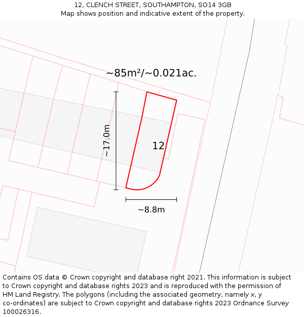 12, CLENCH STREET, SOUTHAMPTON, SO14 3GB: Plot and title map