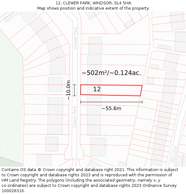 12, CLEWER PARK, WINDSOR, SL4 5HA: Plot and title map
