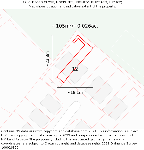 12, CLIFFORD CLOSE, HOCKLIFFE, LEIGHTON BUZZARD, LU7 9RQ: Plot and title map