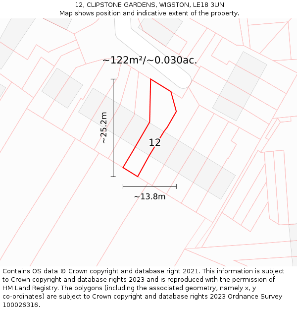 12, CLIPSTONE GARDENS, WIGSTON, LE18 3UN: Plot and title map