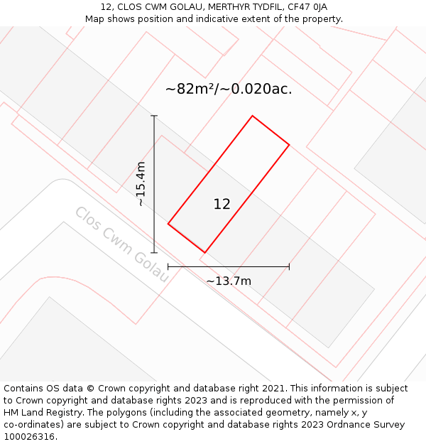 12, CLOS CWM GOLAU, MERTHYR TYDFIL, CF47 0JA: Plot and title map