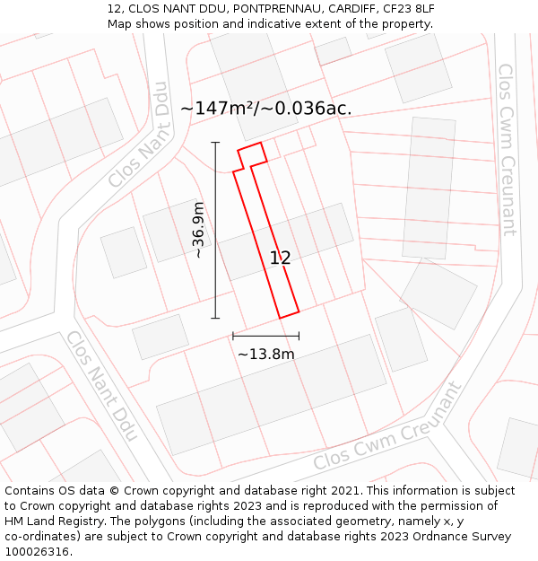 12, CLOS NANT DDU, PONTPRENNAU, CARDIFF, CF23 8LF: Plot and title map