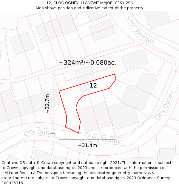 12, CLOS OGNEY, LLANTWIT MAJOR, CF61 2SN: Plot and title map