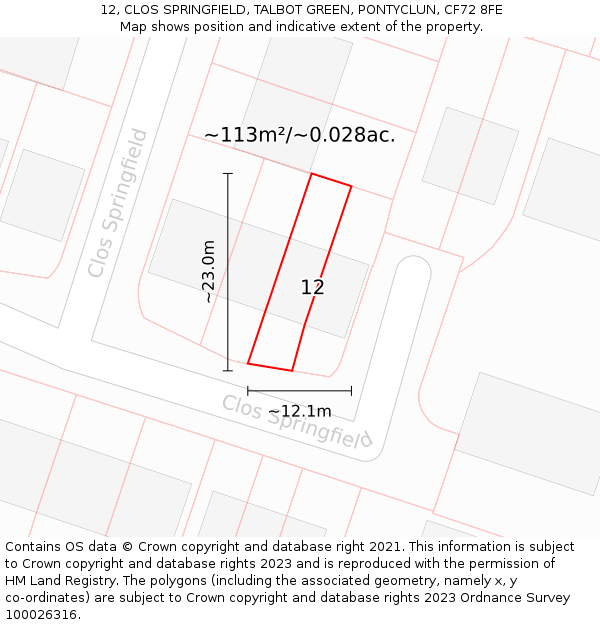 12, CLOS SPRINGFIELD, TALBOT GREEN, PONTYCLUN, CF72 8FE: Plot and title map