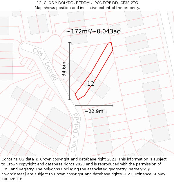 12, CLOS Y DOLYDD, BEDDAU, PONTYPRIDD, CF38 2TG: Plot and title map