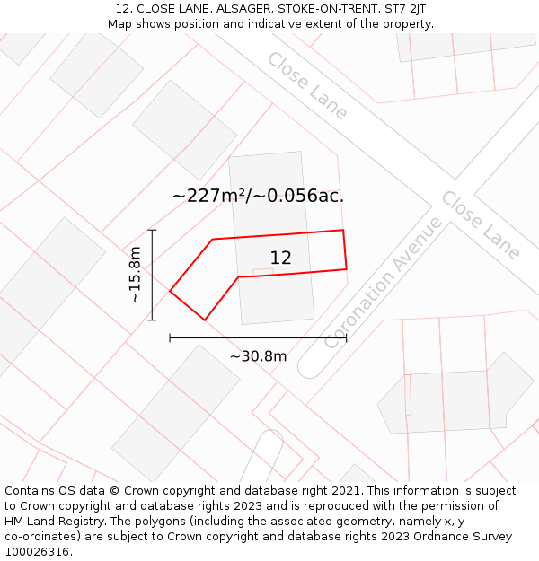 12, CLOSE LANE, ALSAGER, STOKE-ON-TRENT, ST7 2JT: Plot and title map
