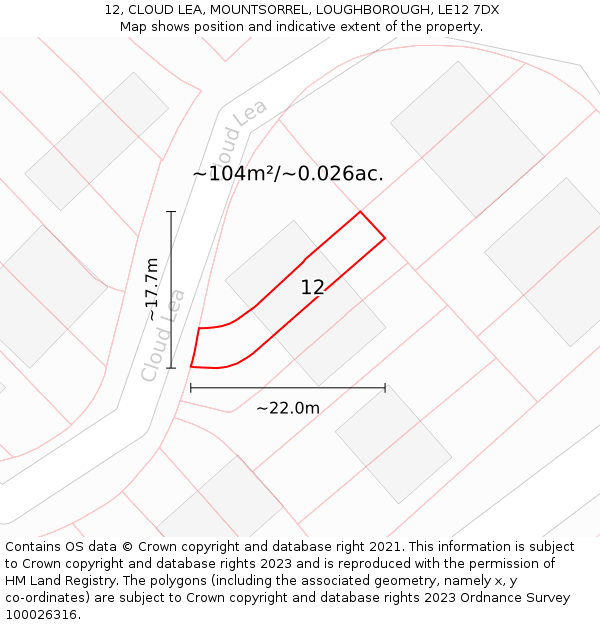 12, CLOUD LEA, MOUNTSORREL, LOUGHBOROUGH, LE12 7DX: Plot and title map