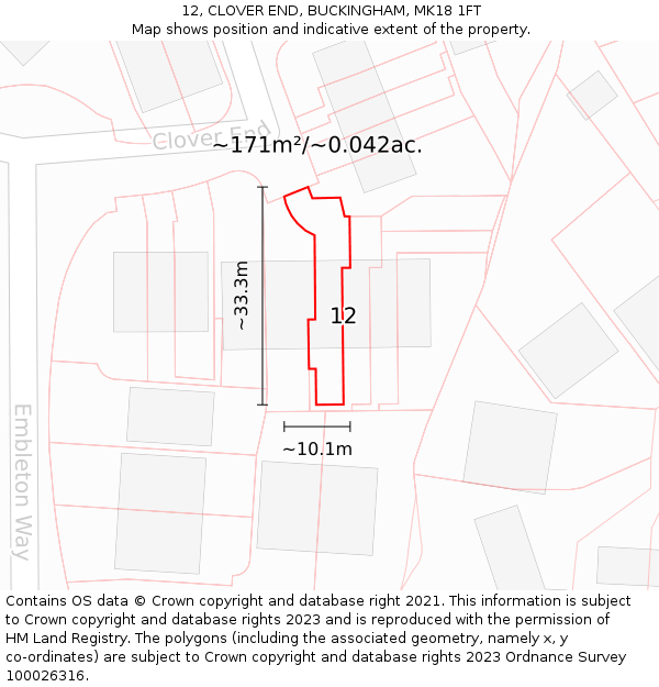 12, CLOVER END, BUCKINGHAM, MK18 1FT: Plot and title map