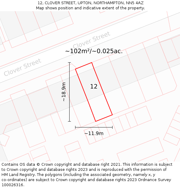 12, CLOVER STREET, UPTON, NORTHAMPTON, NN5 4AZ: Plot and title map