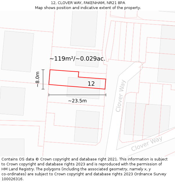 12, CLOVER WAY, FAKENHAM, NR21 8PA: Plot and title map