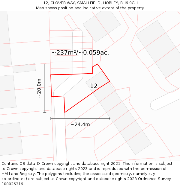 12, CLOVER WAY, SMALLFIELD, HORLEY, RH6 9GH: Plot and title map