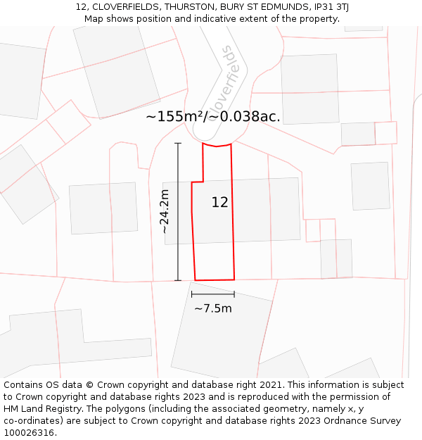 12, CLOVERFIELDS, THURSTON, BURY ST EDMUNDS, IP31 3TJ: Plot and title map
