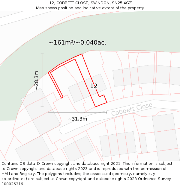 12, COBBETT CLOSE, SWINDON, SN25 4GZ: Plot and title map