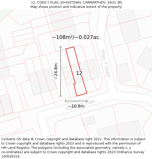 12, COED Y PLAS, JOHNSTOWN, CARMARTHEN, SA31 3PJ: Plot and title map