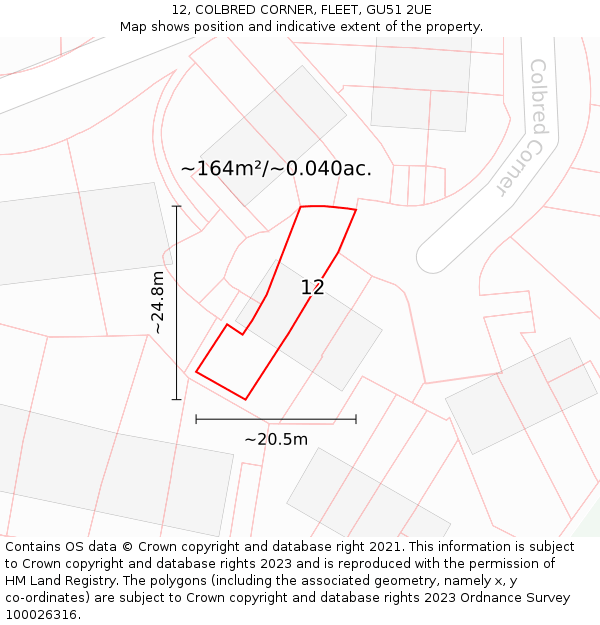 12, COLBRED CORNER, FLEET, GU51 2UE: Plot and title map