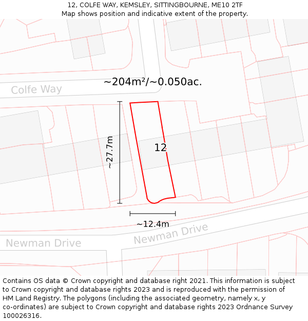 12, COLFE WAY, KEMSLEY, SITTINGBOURNE, ME10 2TF: Plot and title map