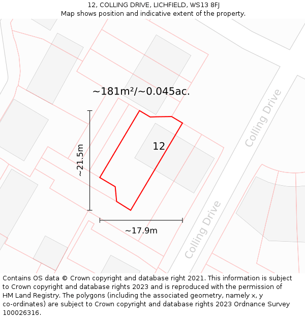 12, COLLING DRIVE, LICHFIELD, WS13 8FJ: Plot and title map