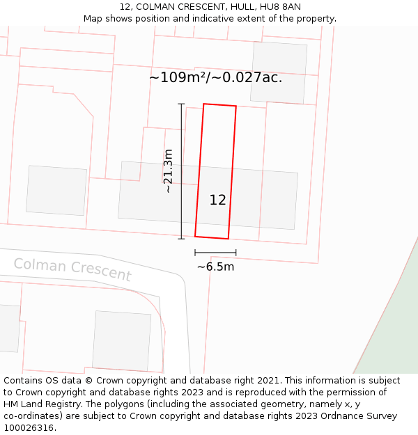 12, COLMAN CRESCENT, HULL, HU8 8AN: Plot and title map