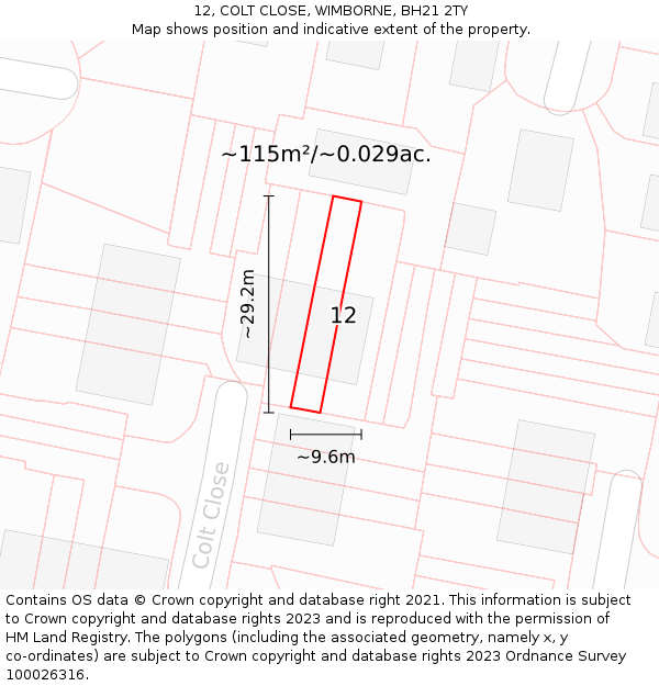 12, COLT CLOSE, WIMBORNE, BH21 2TY: Plot and title map