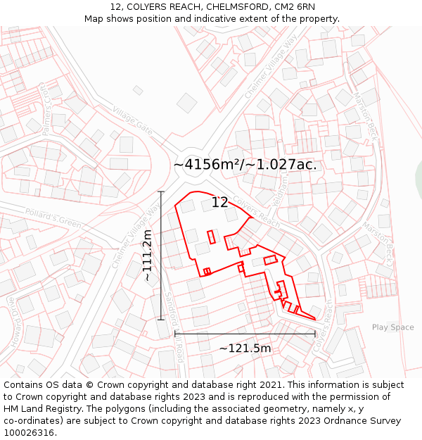 12, COLYERS REACH, CHELMSFORD, CM2 6RN: Plot and title map