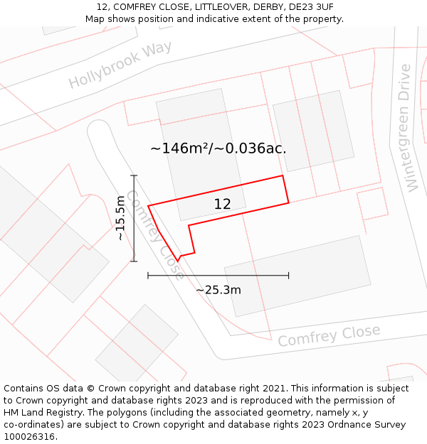 12, COMFREY CLOSE, LITTLEOVER, DERBY, DE23 3UF: Plot and title map