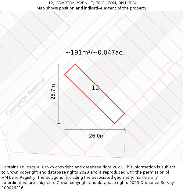 12, COMPTON AVENUE, BRIGHTON, BN1 3PN: Plot and title map