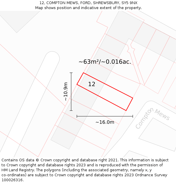 12, COMPTON MEWS, FORD, SHREWSBURY, SY5 9NX: Plot and title map