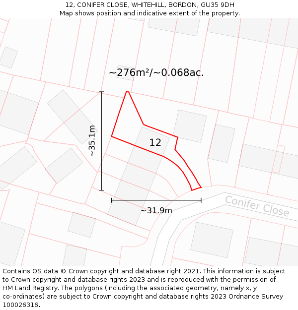 12, CONIFER CLOSE, WHITEHILL, BORDON, GU35 9DH: Plot and title map
