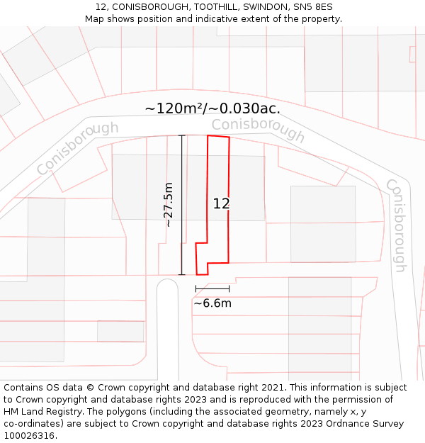 12, CONISBOROUGH, TOOTHILL, SWINDON, SN5 8ES: Plot and title map