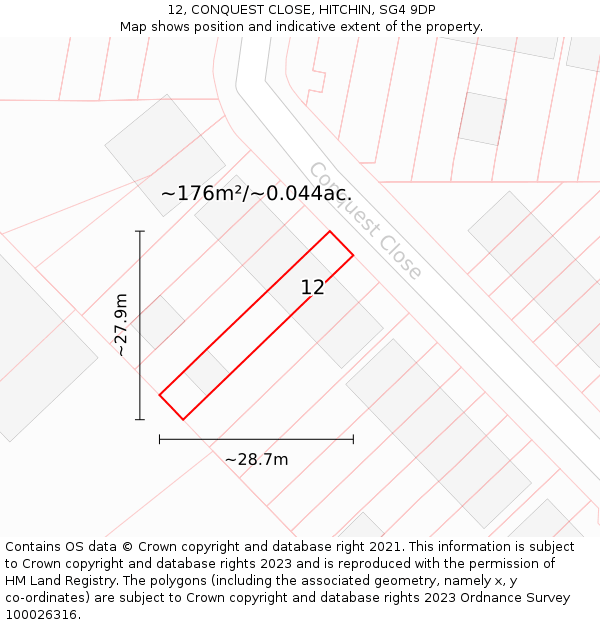 12, CONQUEST CLOSE, HITCHIN, SG4 9DP: Plot and title map