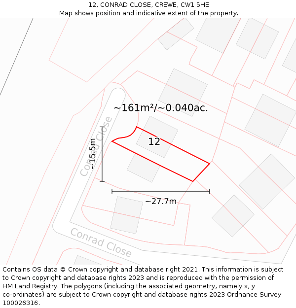 12, CONRAD CLOSE, CREWE, CW1 5HE: Plot and title map