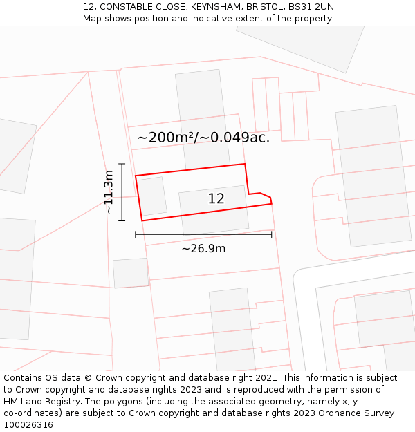 12, CONSTABLE CLOSE, KEYNSHAM, BRISTOL, BS31 2UN: Plot and title map
