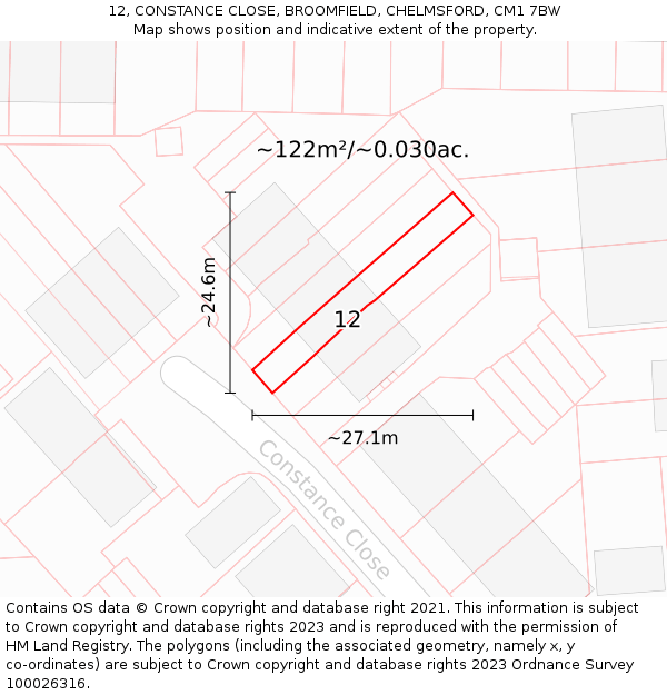 12, CONSTANCE CLOSE, BROOMFIELD, CHELMSFORD, CM1 7BW: Plot and title map
