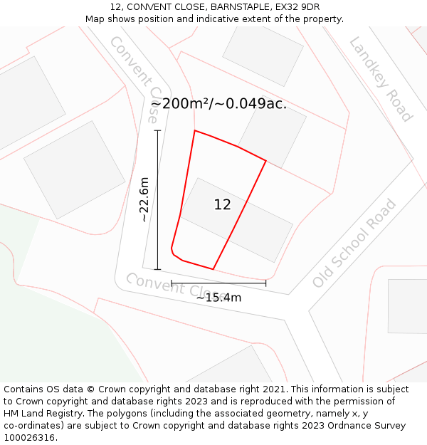 12, CONVENT CLOSE, BARNSTAPLE, EX32 9DR: Plot and title map