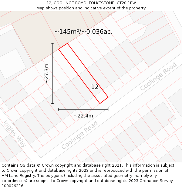 12, COOLINGE ROAD, FOLKESTONE, CT20 1EW: Plot and title map