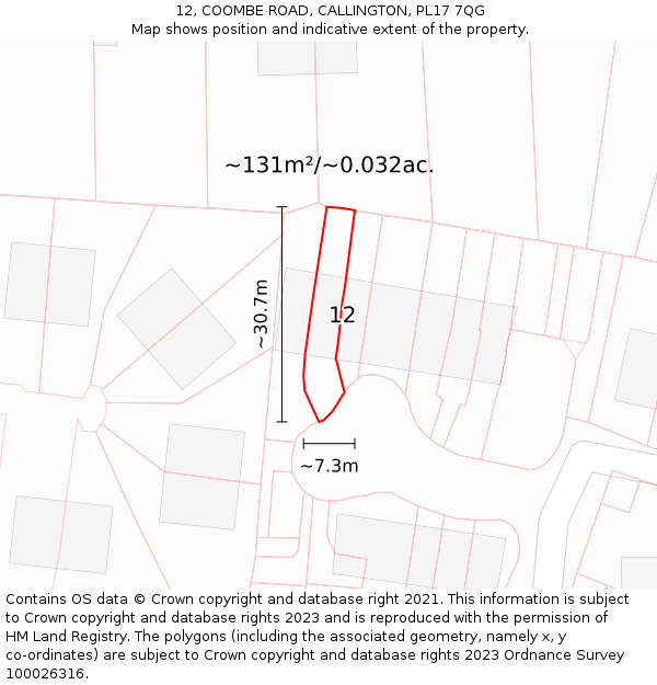 12, COOMBE ROAD, CALLINGTON, PL17 7QG: Plot and title map