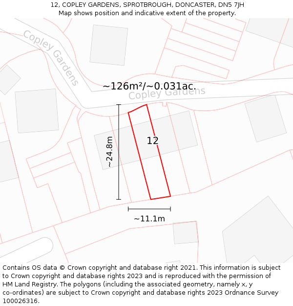 12, COPLEY GARDENS, SPROTBROUGH, DONCASTER, DN5 7JH: Plot and title map