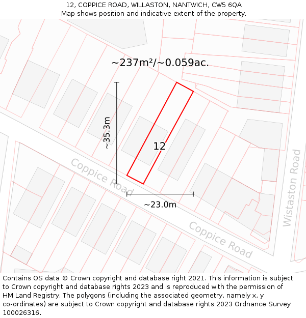 12, COPPICE ROAD, WILLASTON, NANTWICH, CW5 6QA: Plot and title map