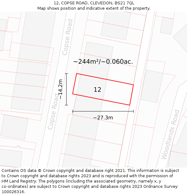 12, COPSE ROAD, CLEVEDON, BS21 7QL: Plot and title map
