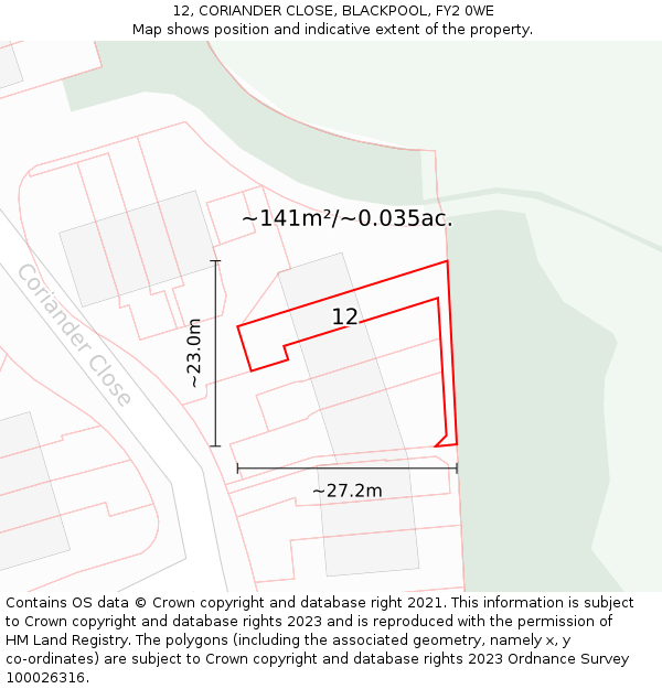 12, CORIANDER CLOSE, BLACKPOOL, FY2 0WE: Plot and title map