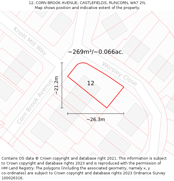 12, CORN BROOK AVENUE, CASTLEFIELDS, RUNCORN, WA7 2YL: Plot and title map