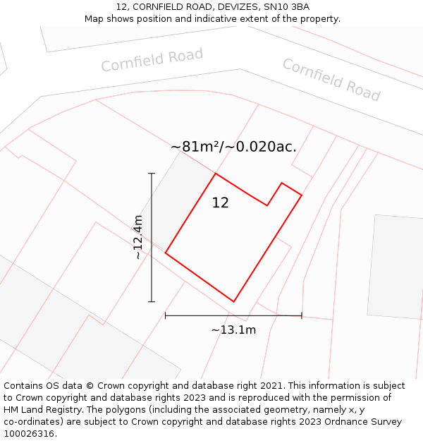 12, CORNFIELD ROAD, DEVIZES, SN10 3BA: Plot and title map