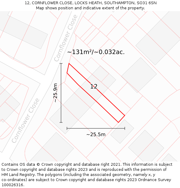 12, CORNFLOWER CLOSE, LOCKS HEATH, SOUTHAMPTON, SO31 6SN: Plot and title map