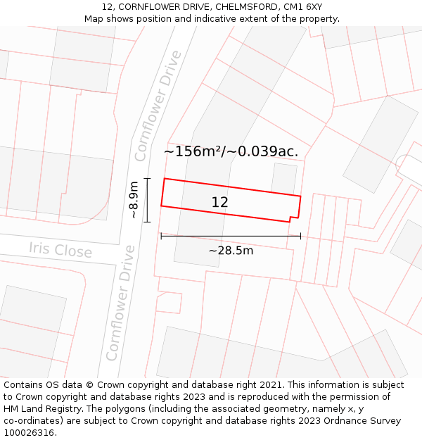 12, CORNFLOWER DRIVE, CHELMSFORD, CM1 6XY: Plot and title map