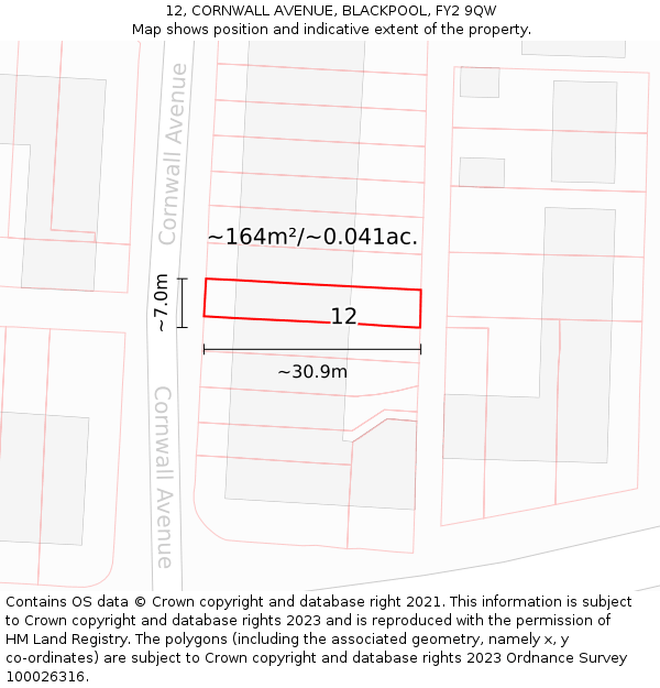 12, CORNWALL AVENUE, BLACKPOOL, FY2 9QW: Plot and title map