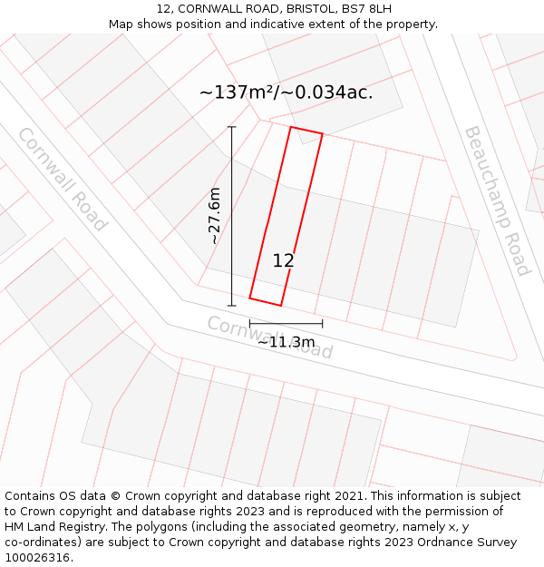 12, CORNWALL ROAD, BRISTOL, BS7 8LH: Plot and title map