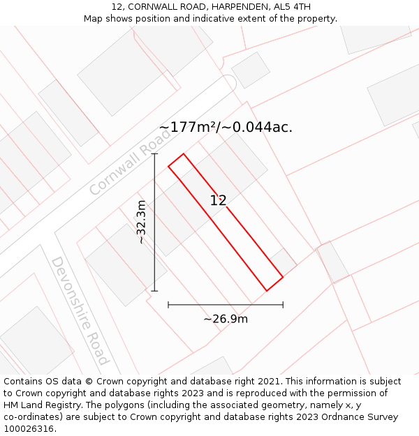 12, CORNWALL ROAD, HARPENDEN, AL5 4TH: Plot and title map